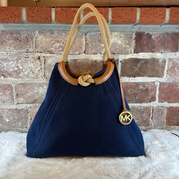 Michael Kors Isla Ring Canvas Shoulder Tote Bag Admiral Blue Purse - Picture 1 of 11
